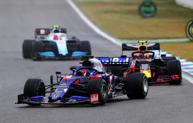 HOCKENHEIM, GERMANY - JULY 28: Alexander Albon of Thailand driving the (23) Scuderia Toro Rosso STR14 Honda leads Pierre Gasly of France driving the (10) Aston Martin Red Bull Racing RB15 during the F1 Grand Prix of Germany at Hockenheimring on July 28, 2019 in Hockenheim, Germany. (Photo by Lars Baron/Getty Images)