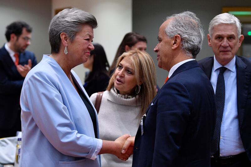 Italy's Interior Minister Matteo Piantedosi, right, with EU Commissioner for Home Affairs Sweden's Ylva Johansson, left,  during Extraordinary Home Affairs Council meeting at the EU headquarters. AFP