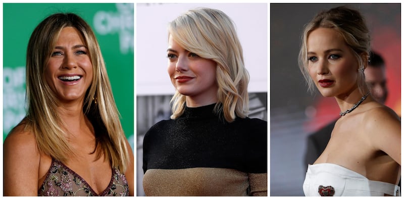A combination photo shows (L-R) actors Jennifer Aniston, Emma Stone and Jennifer Lawrence in Los Angeles, California U.S. in December 7, 2016, August 6, 2017 and December 14, 2016 respectively.   REUTERS/Mario Anzuoni/File Photo
