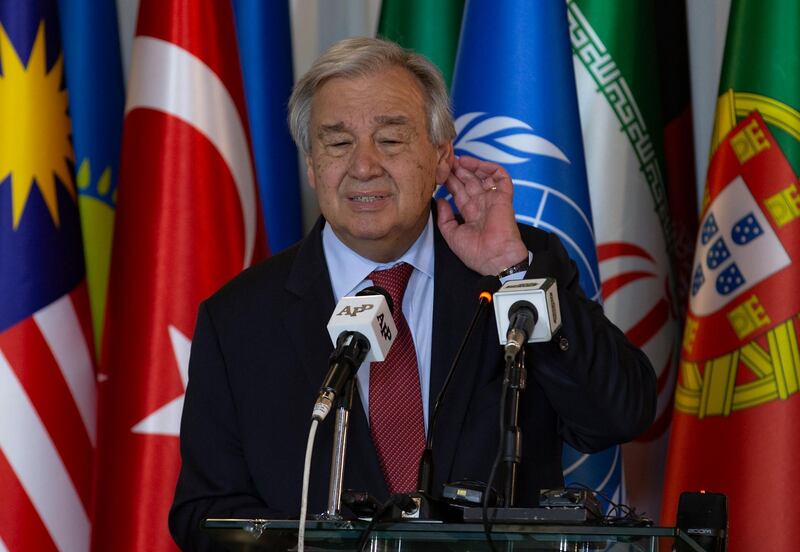 UN Secretary General Antonio Guterres listens to a reporter's question at the Pakistan Foreign Ministry in Islamabad. AP Photo