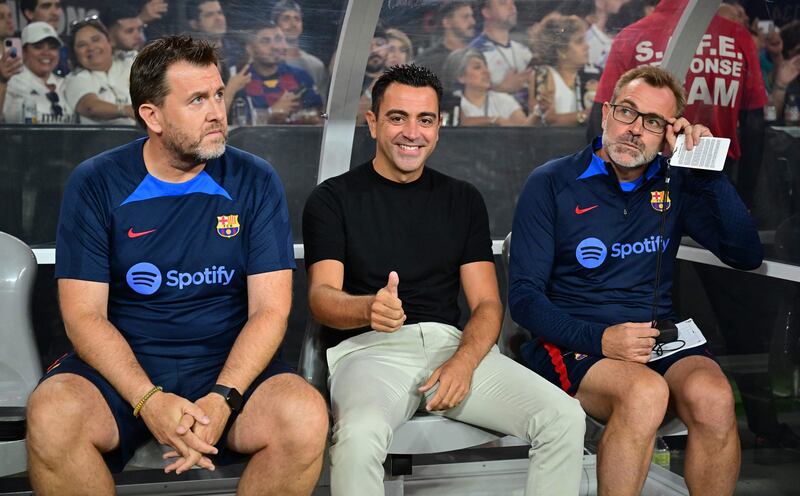 Barcelona manager Xavi gives a thumbs up prior to kickoff for the match between Barcelona and Real Madrid. AFP