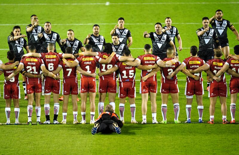 New Zealand perform a Haka in front of the Lebanon team before their match.