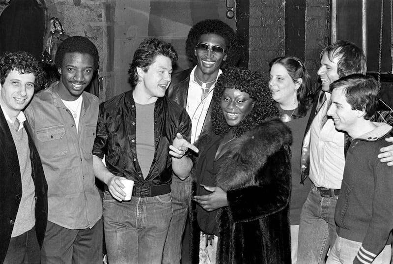 Dan Hartman, Frankie Crocker, Loleatta Holloway (centre) and friends at the Paradise Garage in New York City in 1980. (Photo by Fran Pelzman/Ebet Roberts Studio/Redferns)