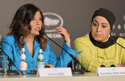 Kaouther Ben Hania, left, at a press conference with Olfa Hamrouni at the Cannes Film Festival. AFP
