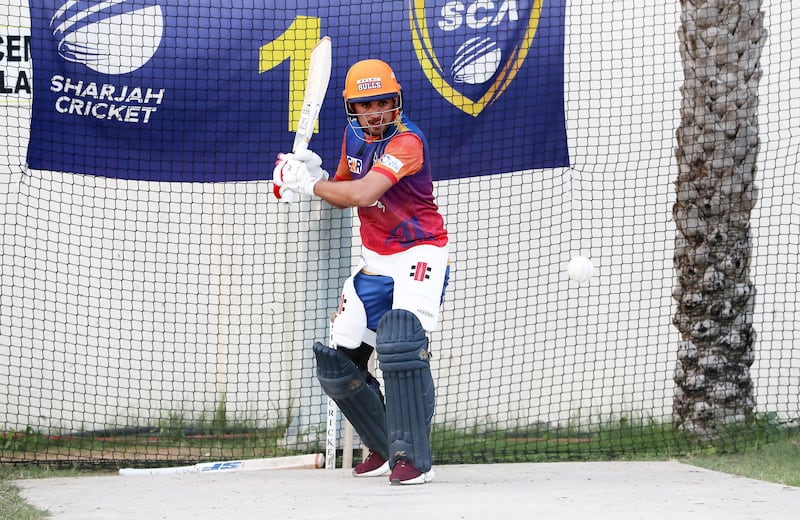 Masood Gurbaz bats in the nets at Sharjah Cricket Academy.