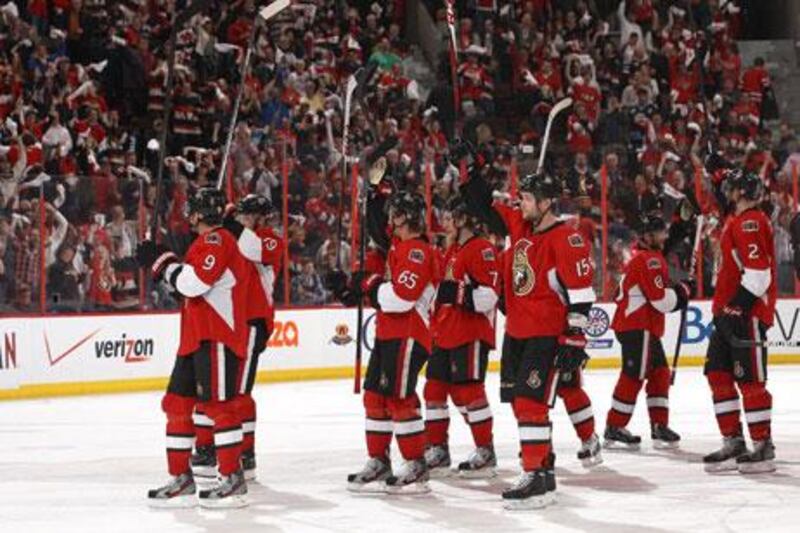 The Ottawa Senators celebrate their double overtime win over the Pittsburgh Penguins. Jana Chytilova / Getty Images / AFP