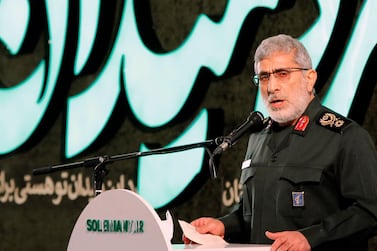 Iranian Quds Force commander Esmail Ghaani speaks during a ceremony in Tehran to commemorate his predecessor Qassem Suleimani's assassination. AFP