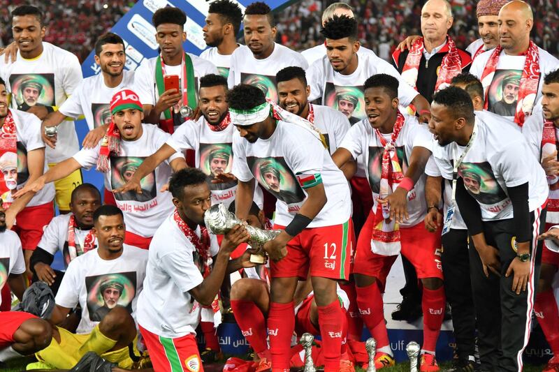 Oman players celebrate after winning the Gulf Cup of Nations 2017 final on penalties. Giuseppe Cacace / AFP