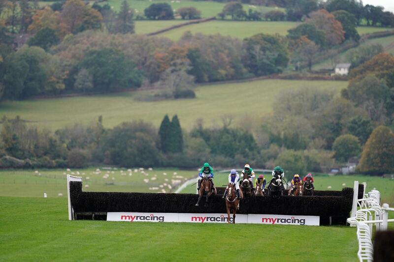 Action from the MyRacing Supports Responsible Gambling Beginners' Chase at Chepstow Racecourse in Wales, on Tuesday, October 29. Getty