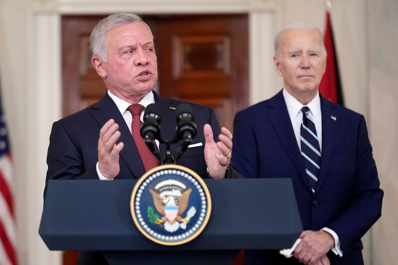 Jordan's King Abdullah II speaks at the White House alongside President Joe Biden on Monday. AP