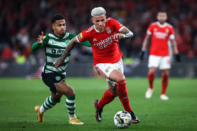 (FILE) - SL Benfica's player Enzo Fernandez (R) in action against Sporting CP player Marcus Edwards (L) during the Portuguese Primeira Liga soccer match between SL Benfica and Sporting CP, in Lisbon, Portugal, 15 January 2023 (reissued 01 February 2023).  Portuguese soccer club Benfica on early 01 Ferbuary 2023 announced on their homepage that the club had reached an agreement with English Premier League side Chelsea FC to transfer Benfica's player Enzo Fernandez for a total fee of 121 million euro.  The sum sets a new record transfer fee paid by a British football club.   EPA / RODRIGO ANTUNES