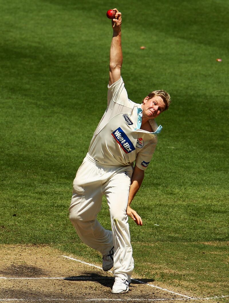 MELBOURNE, AUSTRALIA - FEBRUARY 14:  Steven Smith of the Blues bowls during day three of the Sheffield Shield match between the Victorian Bushrangers and the Queensland Bulls at Melbourne Cricket Ground on February 14, 2010 in Melbourne, Australia.  (Photo by Mark Dadswell/Getty Images)