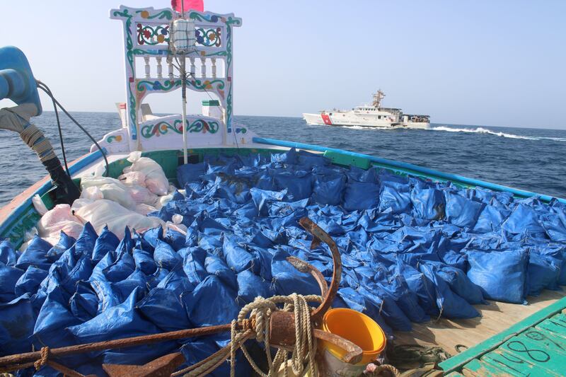 A US Coast Guard ship has seized more than three tonnes of drugs from a small vessel in the Gulf of Oman. Photo: @US5thFleet