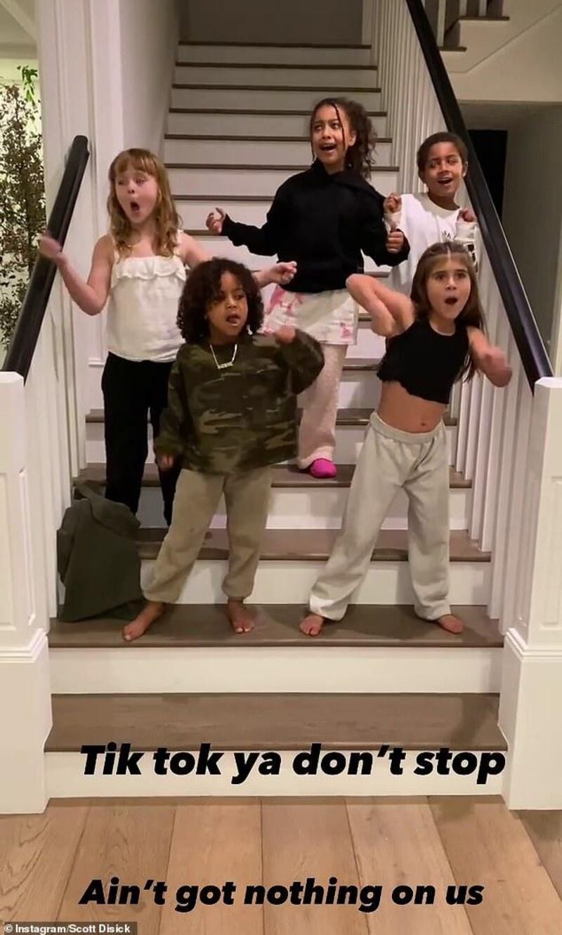Several members of the Kardashian family, including Kim's children North (top centre) and Saint (bottom left), performed a haka that was shared on Scott Disick's Instagram. Instagram / Scott Disick