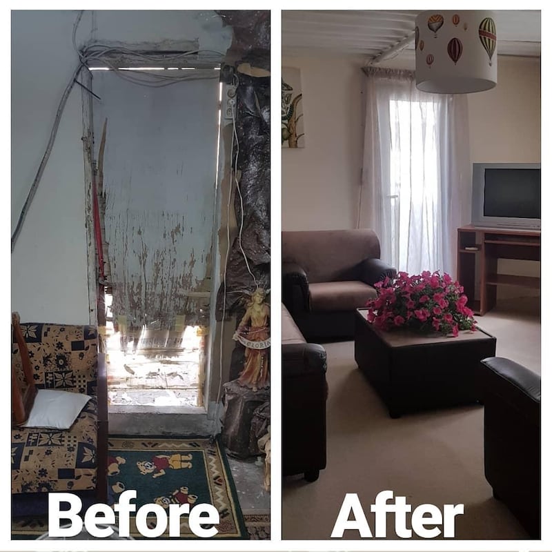 Beirut resident Rita's apartment before, on the left, and after Beit el Baraka's work, on the right. Courtesy Maya Ibrahimchah. 
