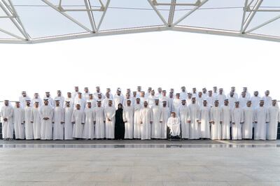 ABU DHABI, UNITED ARAB EMIRATES - June 18, 2018: HH Sheikh Mohamed bin Zayed Al Nahyan, Crown Prince of Abu Dhabi and Deputy Supreme Commander of the UAE Armed Forces (front row 12th R), stands for a photograph with the UAE civilians and members of the UAE Armed Forces that have visited members of the UAE Armed Forces that are serving abroad. Seen with HH Sheikh Hamdan bin Zayed Al Nahyan, Ruler’s Representative in Al Dhafra Region (front row 13th R), HH Sheikh Issa bin Zayed Al Nahyan (front row 19th L), HE Maryam Eid Al Mheiri, CEO of Media Zone Authority & and twofour54 (front row 16th R), HE Brigadier General Saleh Mohamed Saleh Al Ameri, Commander of the UAE Ground Forces (front row 14th R), HE Sheikh Abdulla bin Mohamed Al Hamed, Chairman of the Health Department and Abu Dhabi Executive Council Member (front row 9th R) and HE Omar bin Sultan Al Olama, UAE Minister of State for Artificial Intelligence (front row 8th R).

(Rashed Al Mansoori / Crown Prince Court - Abu Dhabi )
---