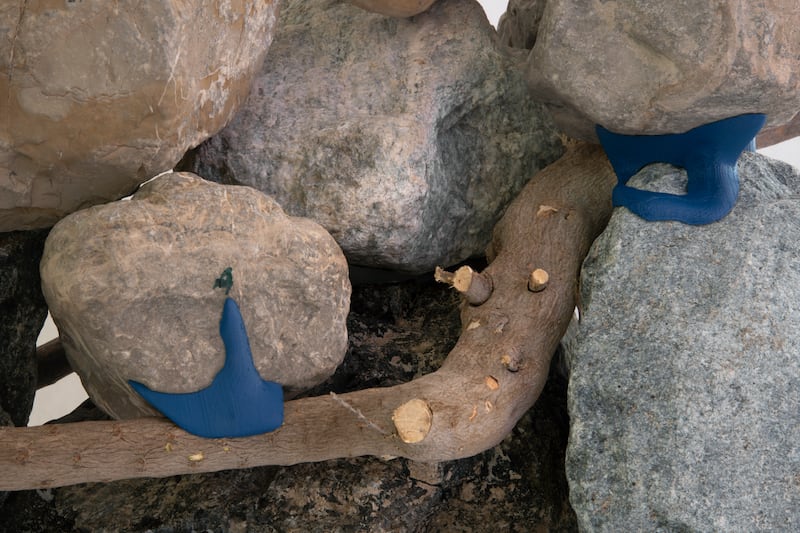 A prototype of a misfit assembly incorporating stone, fallen wooden elements, and 3D-printed connections. Photo: National Pavilion UAE La Biennale di Venezia / Faysal Tabbarah