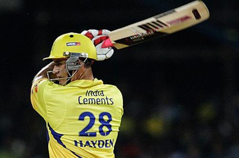 Matthew Hayden of Chennai hits one to the fence against Delhi yesterday.