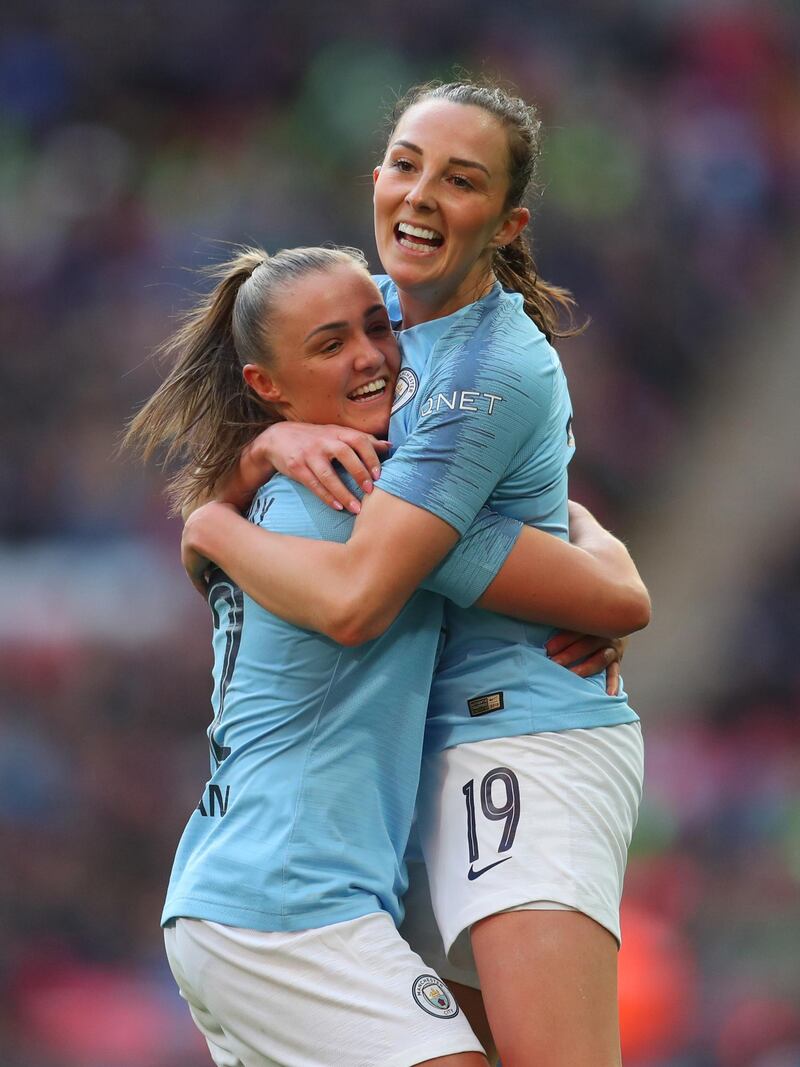 LONDON, ENGLAND - MAY 04: Georgia Stanway of Manchester City celebrates scoring her side's second goal with Caroline Weir of Manchester City during the Women's FA Cup Final match between Manchester City Women and West Ham United Ladies at Wembley Stadium on May 04, 2019 in London, England. (Photo by Catherine Ivill/Getty Images)