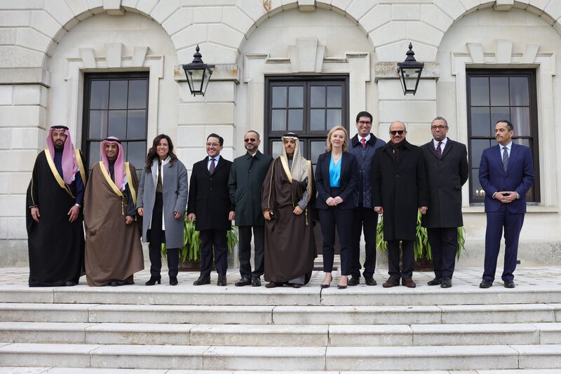 British Foreign Secretary Liz Truss with Foreign Ministers of the Gulf Co-operation Council member states in London, last year. Photo: Alice Hodgson / No 10 Downing Street