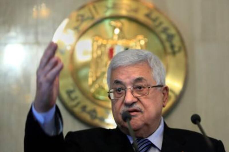 Palestinian authority President Mahmoud Abbas talks during a presser following his meeting with Egyptian President Hosni Mubarak, not pictured,  at the Presidential palace in Cairo, Egypt, Sunday, Nov. 21, 2010.  Talks come within the framework of efforts aimed at reviving the Middle East peace process. (AP Photo/Amr Nabil) *** Local Caption ***  AMR104_Mideast_Egypt_Palestinians.jpg