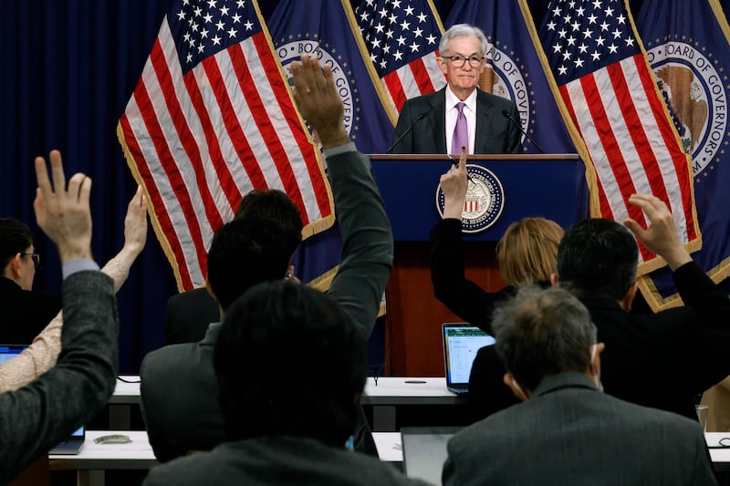 Fed Chair Jerome Powell holds a press conference after the FOMC's meeting in March. AFP