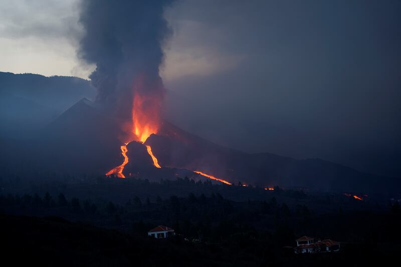 The Cumbre Vieja volcano continues to erupt on the Spanish island of La Palma, as seen from Tacande. Reuters
