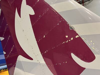 Surface damage on a Qatar Airways' Airbus A350, parked at its aircraft maintenance hangar in Doha. Reuters