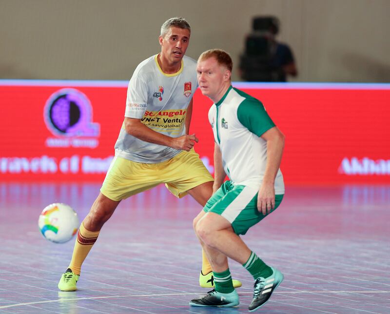 Dubai, United Arab Emirates - September 27th, 2017: The Premier Futsal finals will feature football legends from across the globe. Bengaluru v Chennai. Chennai's Hernan Crespo and Bengaluru's Paul Scholes. Wednesday, September 27th, 2017 at Al Wasl Sports Club, Dubai. 