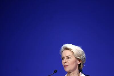 Ursula von der Leyen, President of the European Commission, delivers a speech at the opening session on the first day of the Ukraine Recovery Conference in east London. PA Wire