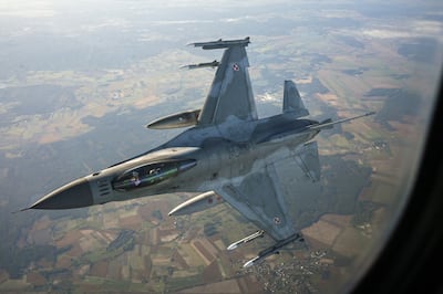 An F16 Fighting Falcon from the Polish Air Force takes part in a Nato air shielding exercise in Lask, Poland.. Getty Images