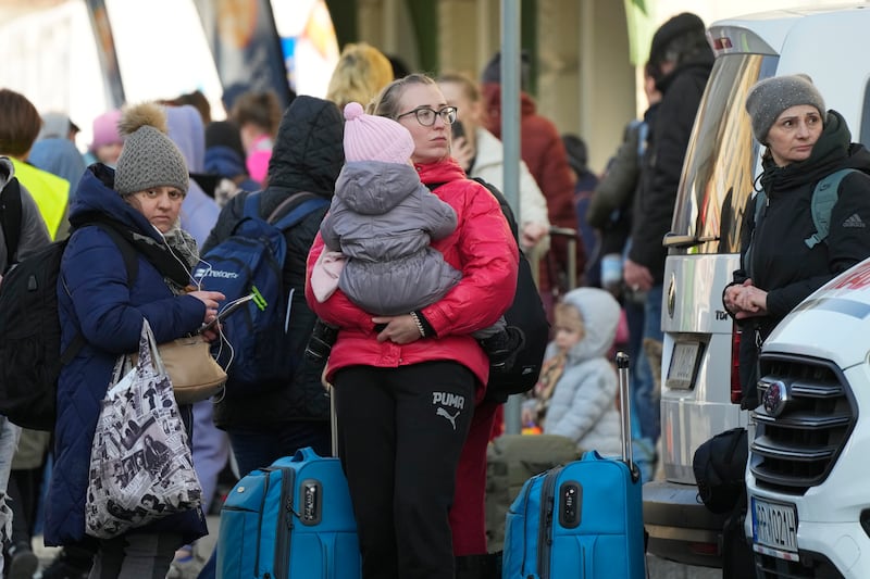 Refugees wait for transport at a railway station in Przemysl, Poland, after fleeing the war in Ukraine. AP