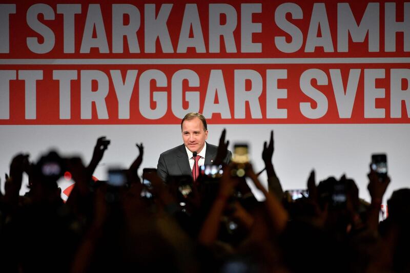 TOPSHOT - Prime minister and party leader of the Social democrat party Stefan Lofven addresses supporters at an election night party following general election results in Stockholm on September 9, 2018. (Photo by Jonas EKSTROMER / TT NEWS AGENCY / AFP) / Sweden OUT