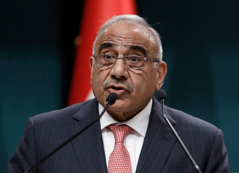 Iraqi Prime Minister Adel Abdul-Mahdi speaks to the media during a joint news conference with Turkish President Recep Tayyip Erdogan, in Ankara, Turkey, Wednesday, May 15, 2019. Erdogan says Turkey and Iraq have discussed a possible deal to increase military and security cooperation between the neighboring countries. (AP Photo/Burhan Ozbilici)