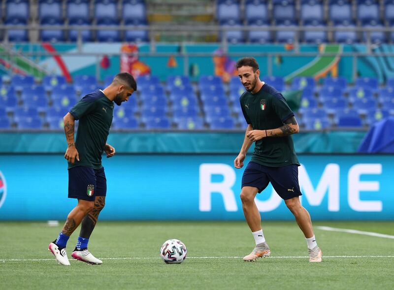 Lorenzo Insigne and Gaetano Castrovilli of Italy in action during a training session ahead of the Euro 2020 kick-off against Turkey at Olimpico Stadium. Getty