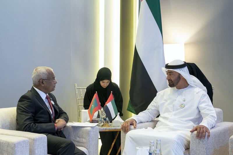 ABU DHABI, UNITED ARAB EMIRATES - January 14, 2019: HH Sheikh Mohamed bin Zayed Al Nahyan, Crown Prince of Abu Dhabi and Deputy Supreme Commander of the UAE Armed Forces (R), meets with HE Ibrahim Mohamed Solih, President of the Maldives (L), during the World Future Energy Summit 2019, part of Abu Dhabi Sustainability Week, at Abu Dhabi National Exhibition Centre (ADNEC).

( Mohamed Al Hammadi / Ministry of Presidential Affairs )
---