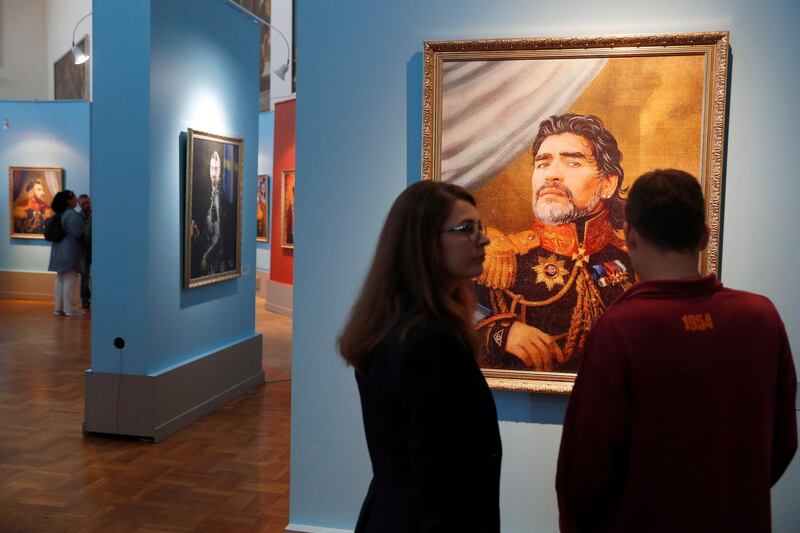 A portrait of Argentina's Diego Maradona on display at the Art Project 'Like the Gods', presented by the Museum of the Russian Academy of Arts and Italian artist Fabrizio Birimbelli devoted to the FIFA World Cup of Russia 2018 in St. Petersburg, Russia. EPA