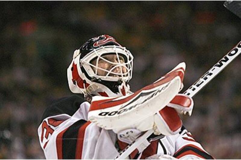 The Devils' Martin Brodeur smiles after breaking Patrick Roy's record for minutes played in the NHL.