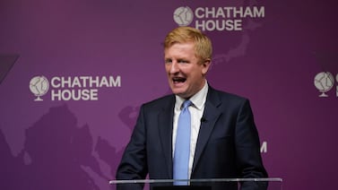 Britain's Deputy Prime Minister Oliver Dowden outlines the government's approach to balancing economic security while welcoming foreign investment, at Chatham House, London, on Thursday. AP
