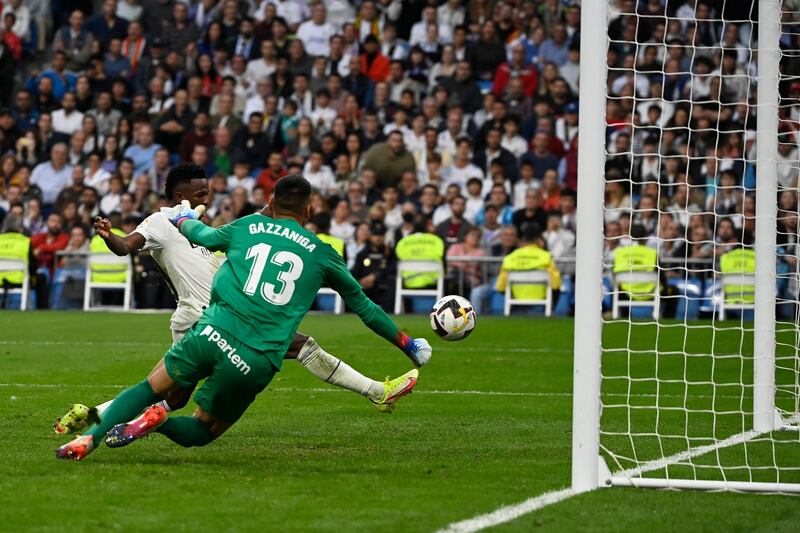 Real Madrid's Brazilian forward Vinicius Junior scores his team's first goal. AFP