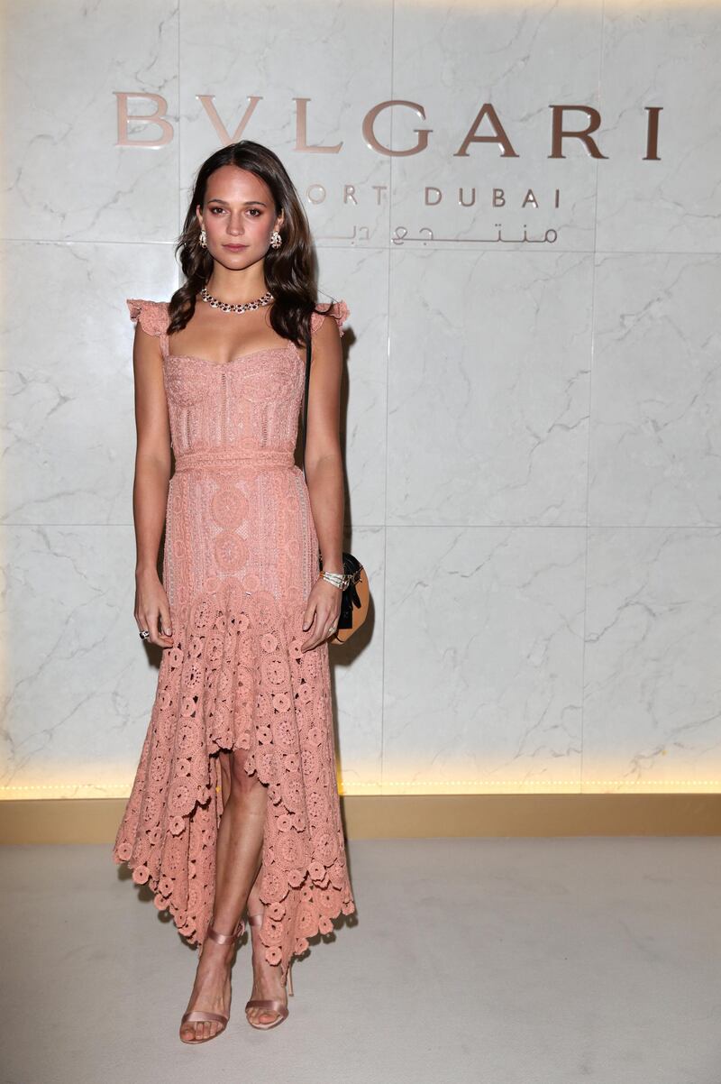 DUBAI, UNITED ARAB EMIRATES - DECEMBER 05: Alicia Vikander attends the Grand Opening of Bulgari Dubai Resort on December 5, 2017 in Dubai, United Arab Em  (Photo by Vittorio Zunino Celotto/Getty Images for Bulgari)