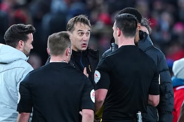 Wolverhampton Wanderers manager Julen Lopetegui speaks with referee Andrew Madley after the Emirates FA Cup third round match at the Anfield, Liverpool. Picture date: Saturday January 7, 2023.