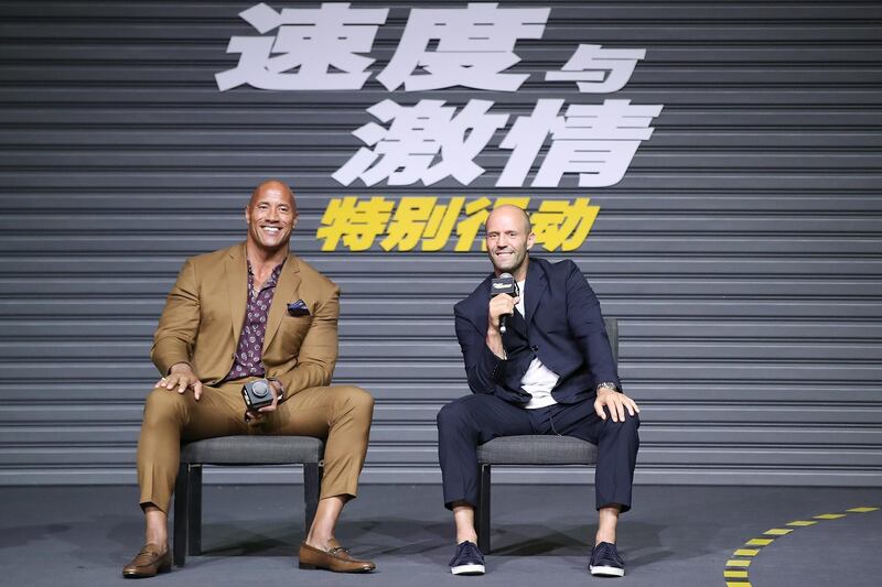 BEIJING, CHINA - AUGUST 05:  Jason Statham (R) and Dwayne Johnson (L) attends the "Fast & Furious: Hobbs & Shaw" fans Meeting and China Press Conference on August 5, 2019 in Beijing, China.  (Photo by Lintao Zhang/Getty Images)