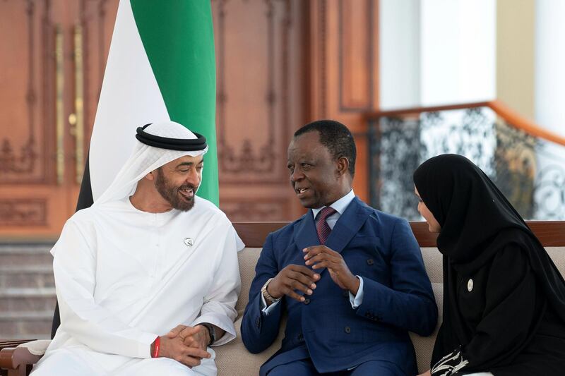 ABU DHABI, UNITED ARAB EMIRATES - December 04, 2018: HH Sheikh Mohamed bin Zayed Al Nahyan, Crown Prince of Abu Dhabi and Deputy Supreme Commander of the UAE Armed Forces (L), meets with HE Roger Nkodo Dang, President of the Pan-African Parliment? (2nd L), and HE Dr Amal Abdullah Al Qubaisi, Speaker of the Federal National Council (FNC) (R), during a Sea Palace barza.
( Ryan Carter / Ministry of Presidential Affairs )
���