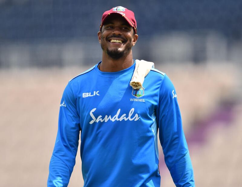 (FILES) In this file photo taken on June 9, 2019, West Indies' Shannon Gabriel smiles during a training session at the Rose Bowl in Southampton, southern England. West Indies fast bowler Shannon Gabriel has no plans to alter his on-field approach against England, saying a previous flare-up with Joe Root was "blown way out of proportion". - RESTRICTED TO EDITORIAL USE
 / AFP / Glyn KIRK                   / RESTRICTED TO EDITORIAL USE
