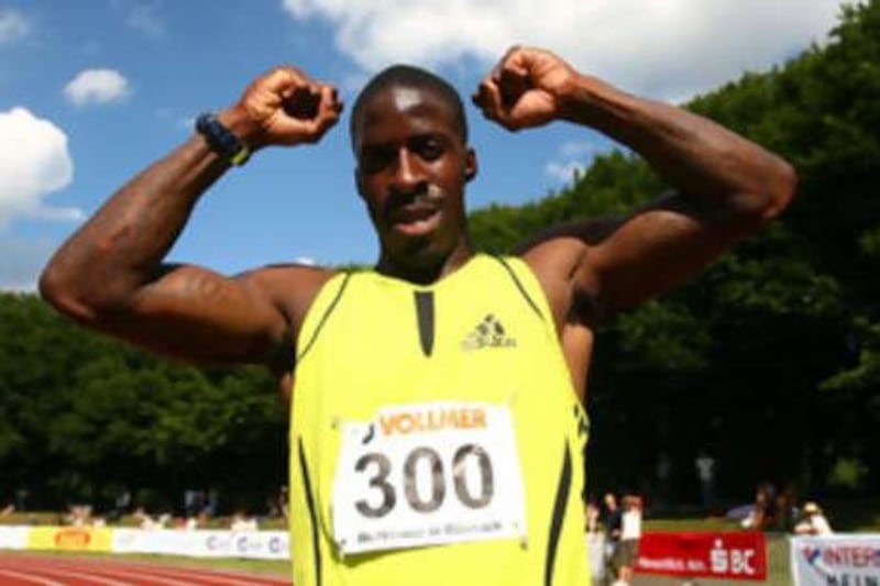 The British sprinter Dwain Chambers celebrates his win at a recent track meeting in Germany.