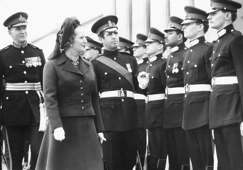 British Prime Minister Margaret Thatcher inspecting the Sovereign's Parade at Sandhurst Military Academy, England, April 11th 1980. (Photo by Ian Tyas/Keystone/Getty Images)