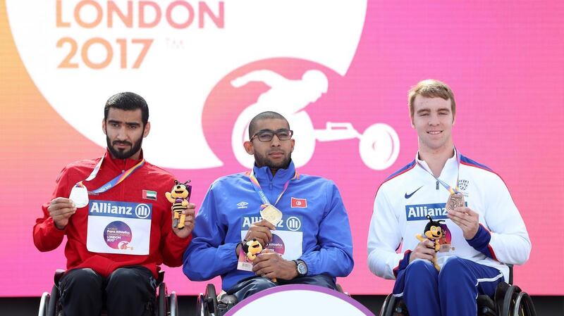 Mohamed Al Hammadi, left, seen here on the podium at the 2017 World Para Athletics Championships in London after placing second in the Men's 200m T34. PA