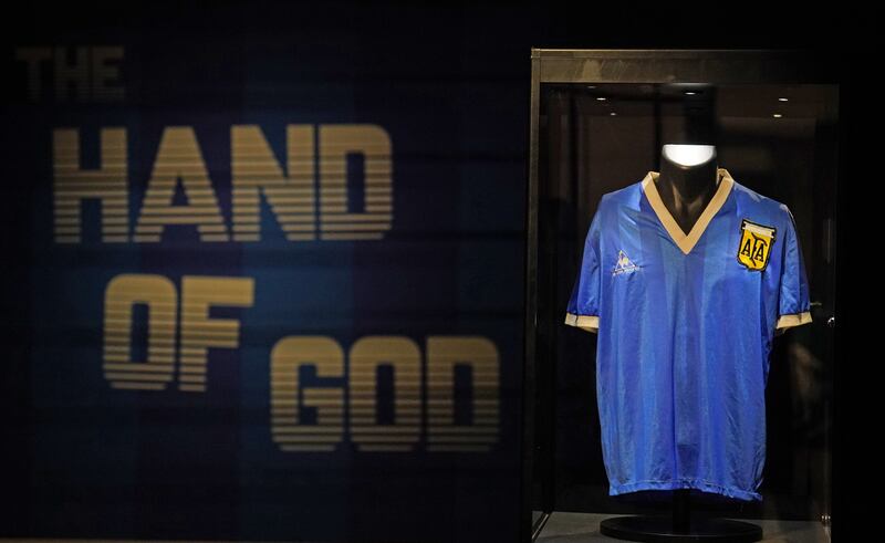 Diego Maradona's 1986 World Cup 'Hand of God' shirt on display at Sotheby's in London. PA