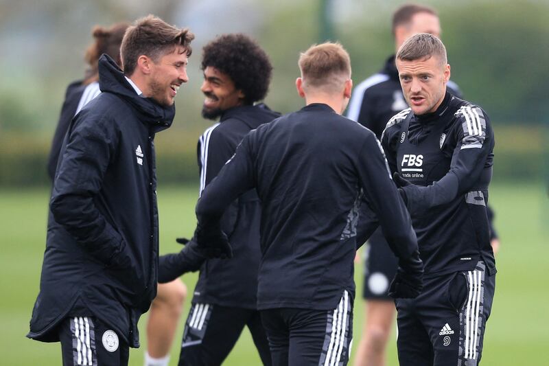 Leicester striker Jamie Vardy, right, with teammates during  training. AFP